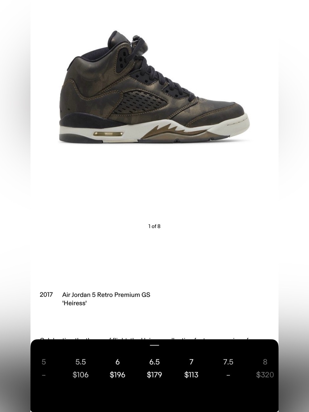 Air Jordan 5 Retro Premium GS 'Heiress' - Sz. 6.5Y